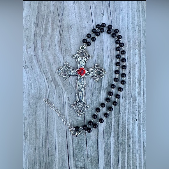 Statement Cross Necklace Gothic Crystal Floral Design Big Punk Goth Silver New - Picture 2 of 8